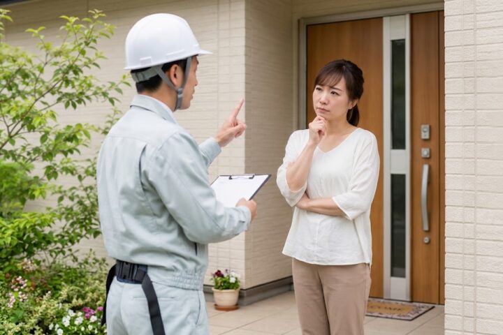 屋根が壊れていると突然指摘され、不安そうにする住人