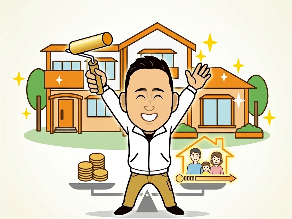 「安さ」と「長持ち」のバランスをイメージした外壁塗装のイラスト
